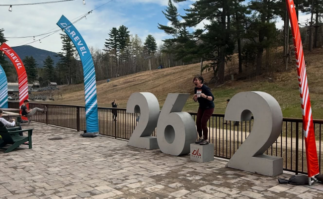 Runner posing on patio